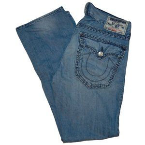 True Religion Straight Men's Denim Blue Jeans 34x33 Pocket Flaps Black Contrast